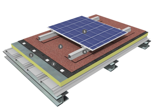 Procédé photovoltaïque à plat sur étanchéité bicouche fixée mécaniquement avec isolation