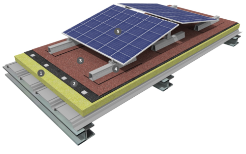 Procédé photovoltaïque double shed sur étanchéité bicouche fixée mécaniquement avec isolation
