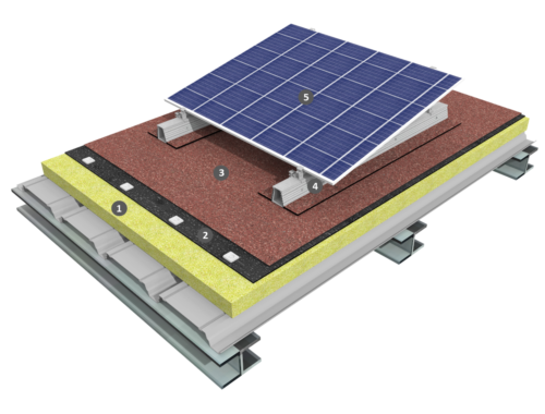 Procédé photovoltaïque simple shed sur étanchéité bicouche fixée mécaniquement avec isolation